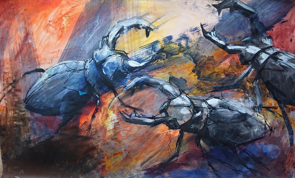 Bild von Franziska Morgner-Fanderl - Hirschk&auml;fer, Acryl, 70 x 45